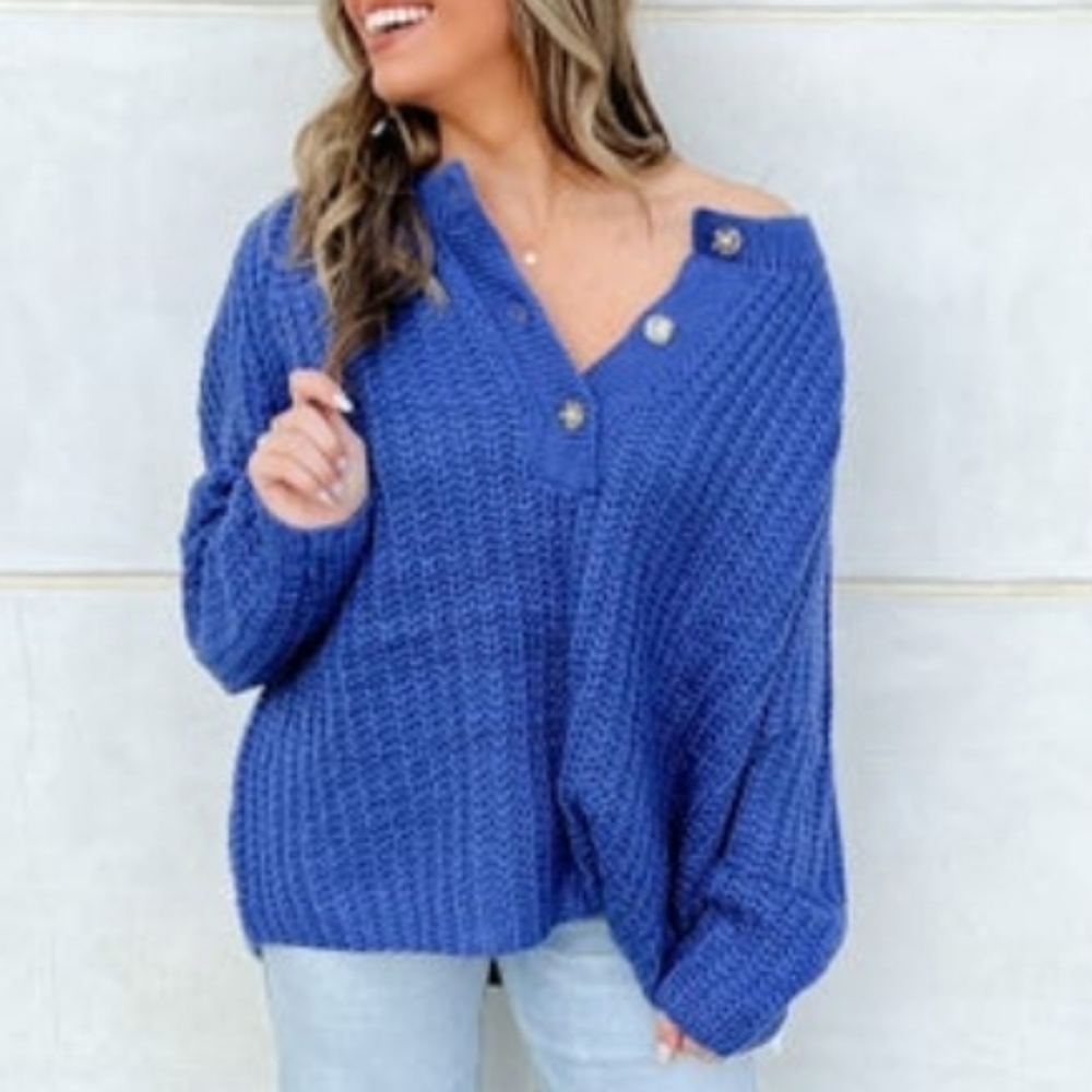 BiBi Ocean Blue Chunky Knit Sweater 3/4 Button Oversized Slouchy Cozy Chic EUC